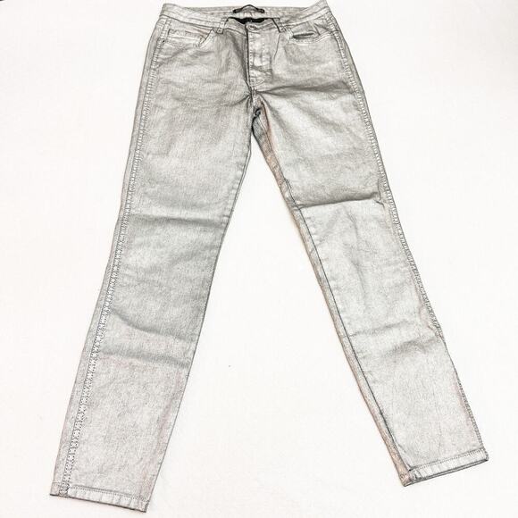 Zara Silver Metallic Gray Silver Denim Skinny Zip Up Jeans Size 8 - Picture 2 of 8